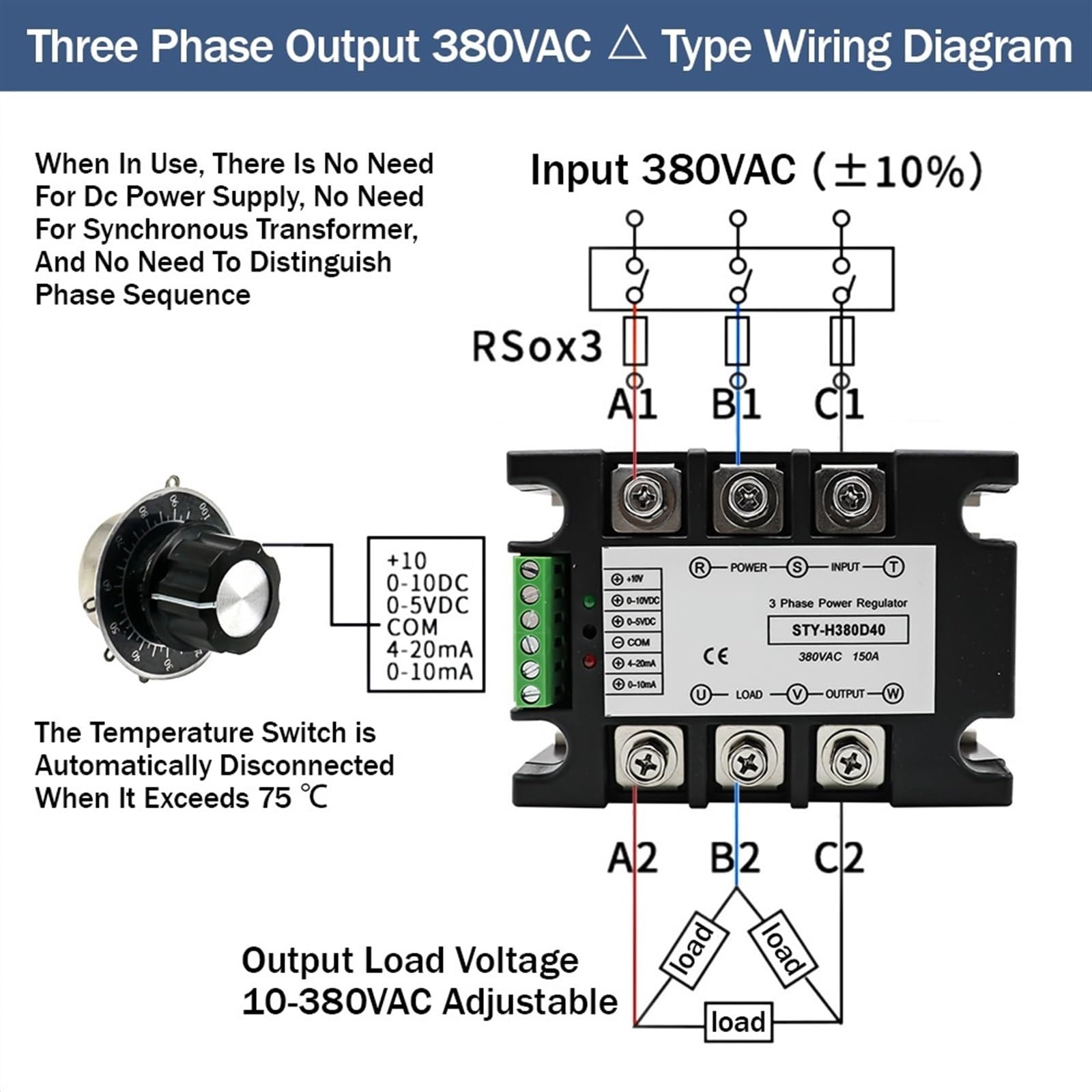 Módulo regulador de Voltaje de CA trifásico, regulador de Potencia, tiristor, 380V, relé de Estado sólido, atenuación, 25A-400A, Control de potenciómetro, 1 Uds. (Size : 40A(7.3KW))