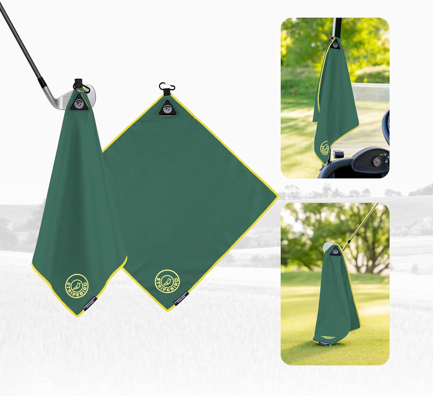 Stripebird - Magnetic Golf Towel (Green) - Microfiber Golf Towel with Built-in Ultra-Strong Neodymium Magnetic Towel - 18" x 18" Golf Bag Towel