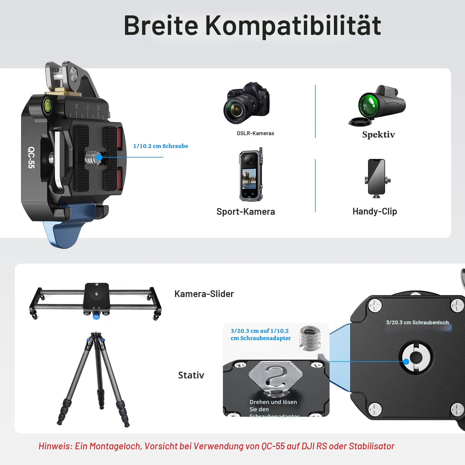 SIRUI 55mm Schnellwechselplatte für arca Swiss und Klemm-Basis-Set, Kamerahalterungsadapter mit 1/4 Zoll und 3/8 Zoll Gewinde für Stativ, Monopod, DSLR-Stabilisator, QC-55
