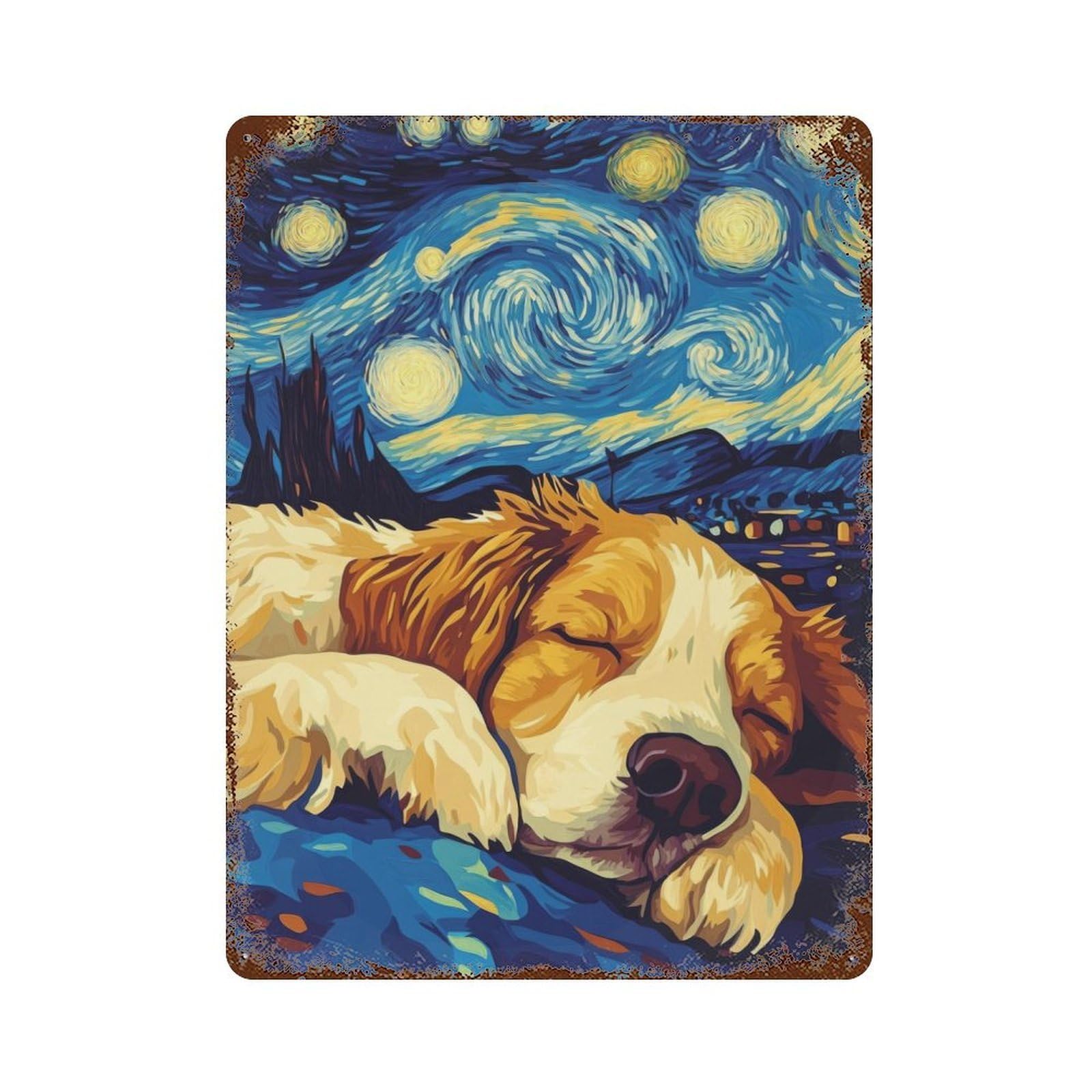 Dog Sleeping Under Starry Night Rust Effect Tin Sign 15.7"x11.8", Novelty Wall Decor for Garage, Pub Or Kitchen