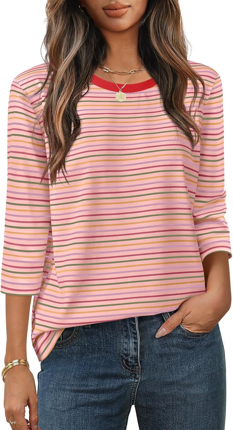 MEROKEETY Women's 2025 Casual 3/4 Sleeve Tops Blouse Crewneck Colorful Striped Fall Loose Shirt
