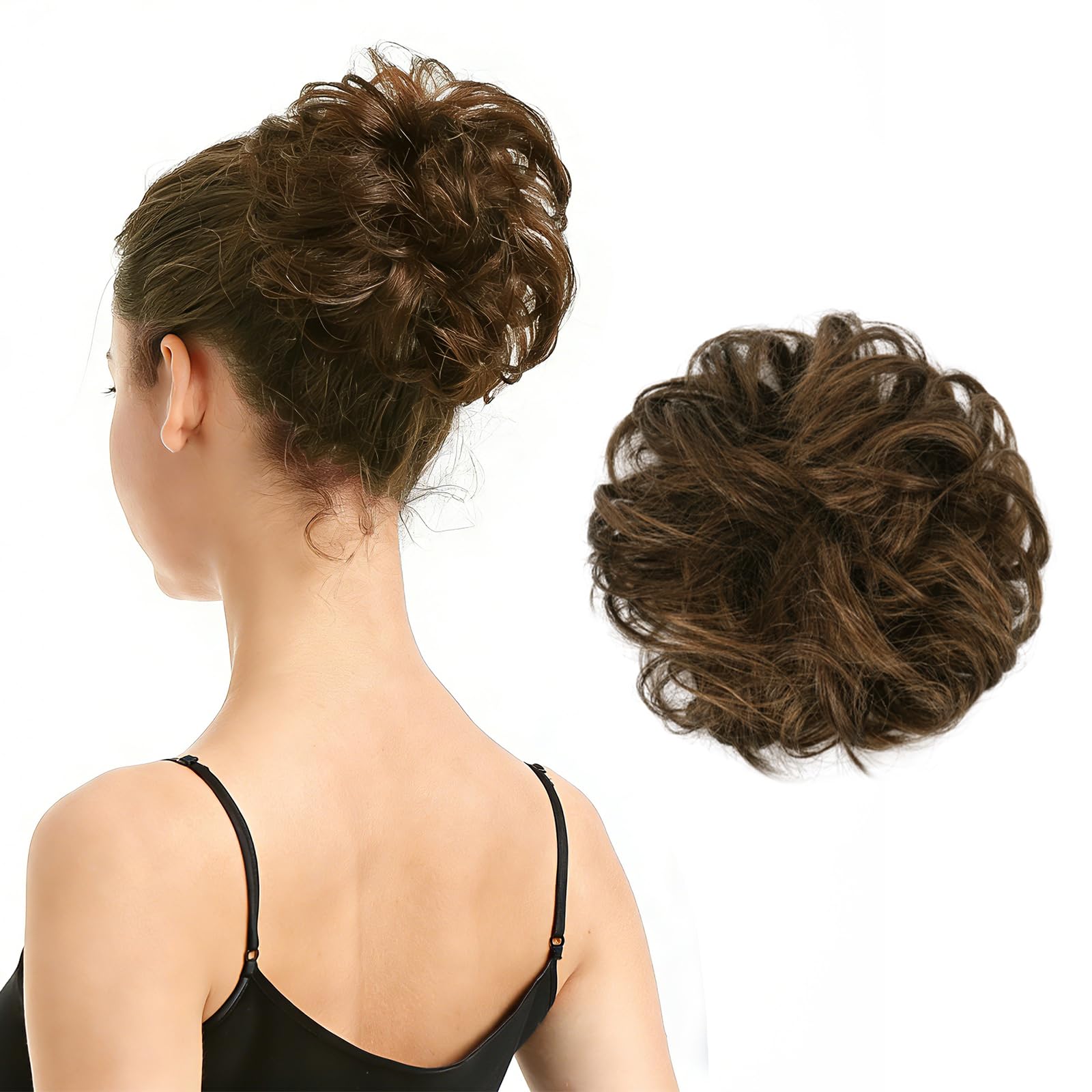 BARSDAR 100% Human Hair Bun Extension - Real Human Hair Medium Brown Messy Bun Scrunchie for Women - Elastic Wavy Brown Updo Extensions Thick Soft