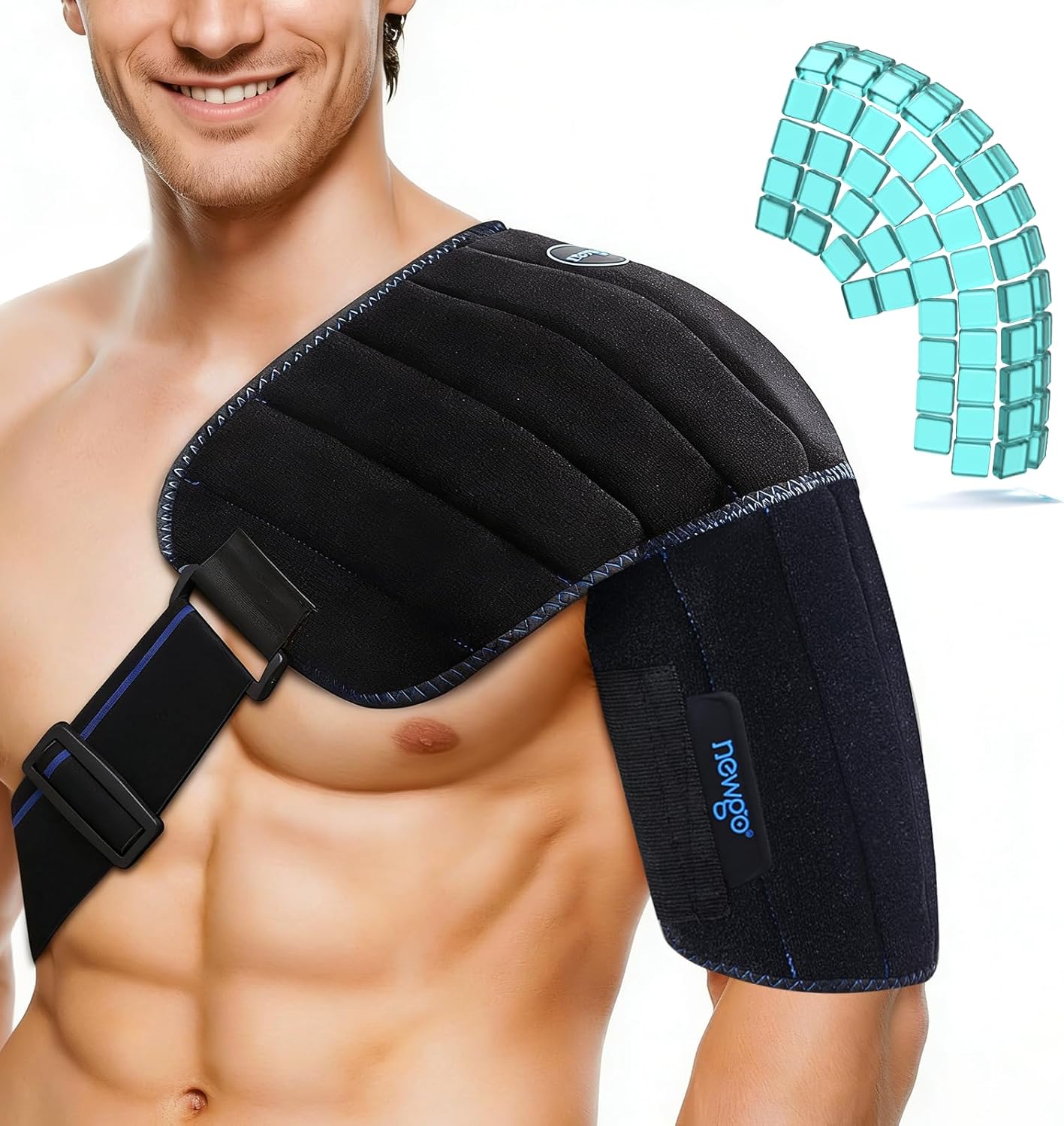 NEWGO Shoulder Ice Pack Wrap for Rotator Cuff, 2 Hours Long Lasting Cold Therapy with Flexible Cubed Design, Pain Relief for Arm & Shoulder Injuries, Post-Surgery Recovery, Reusable