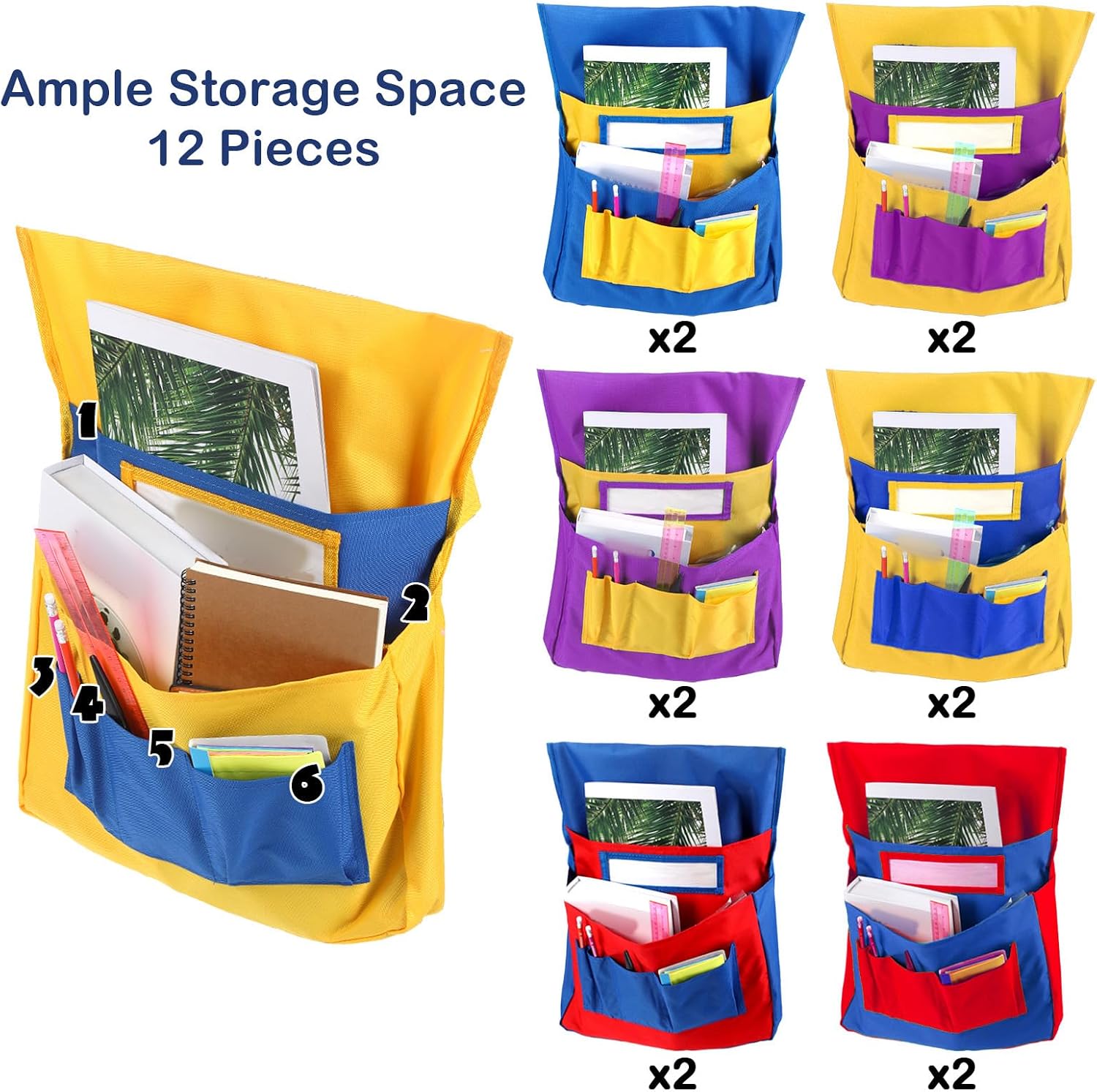 Sadnyy 12 Pcs Large Chair Pockets for Classrooms 16 x 19 Inches Student Chairback Buddy Seat Pocket Chart Classroom Back of Chair Seat Organizer with 6 Pockets, 6 Bright Color(Bright Color)
