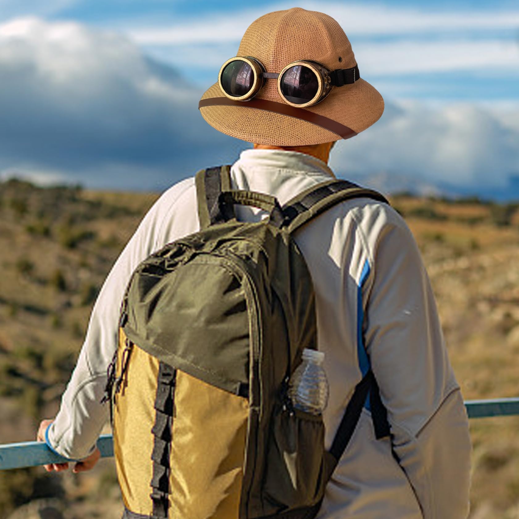 Casco coloniale a tesa larga con occhiali da uomo Cappello estivo in paglia color kaki