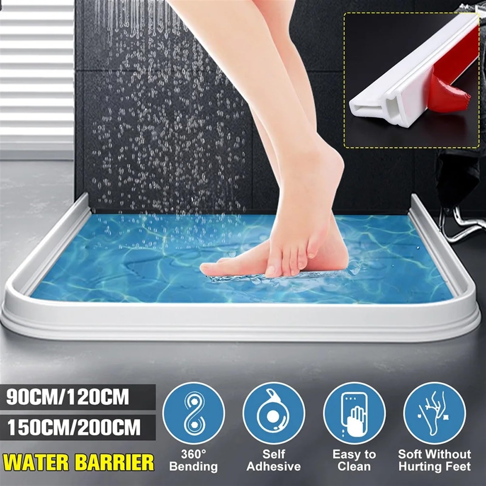 Schwallschutzleiste Dusche Badezimmer-Wasserstopper, Überschwemmungsbarriere, Gummidamm, Silikon-Wasserblocker, Trocken- und Nasstrennung, Zuhause verbessern, Nicht verrutschen(150cm)