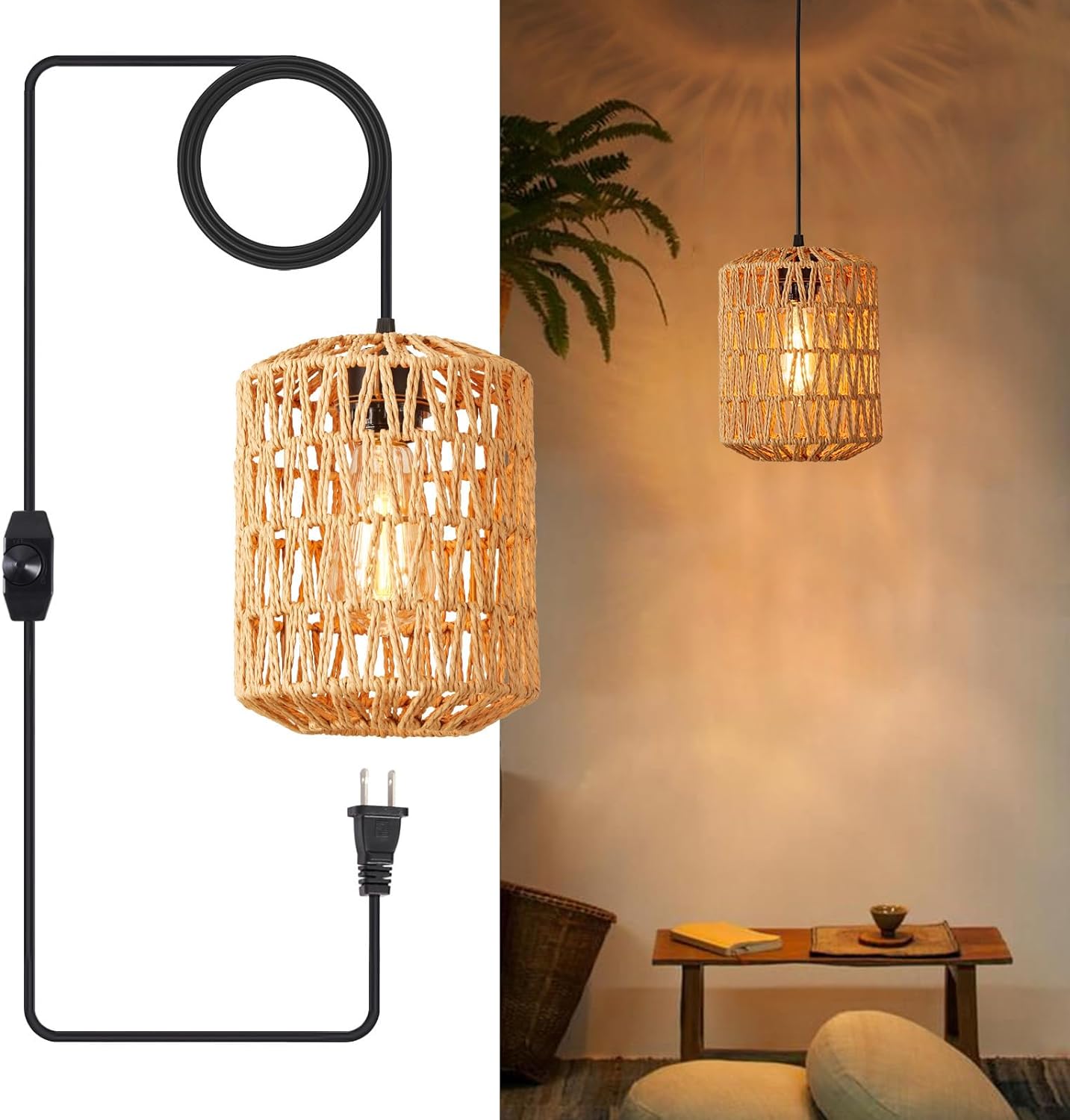 YXTH Rattan Plug-in Pendant Light with 15ft Dimmable Cord - Handwoven Boho Hanging Lamp for Farmhouse Bedroom, Kitchen Island