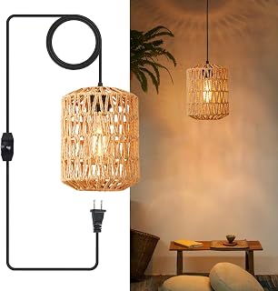 YXTH Rattan Plug-in Pendant Light with 15ft Dimmable Cord - Handwoven Boho Hanging Lamp for Farmhouse Bedroom, Kitchen Island