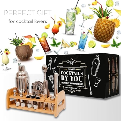 Miniatura 5 de Juego de coctelería mixológica  Kit de camarero con un elegante soporte de bambú  Kit de accesorios de barra que incluye un coctelero de martini un