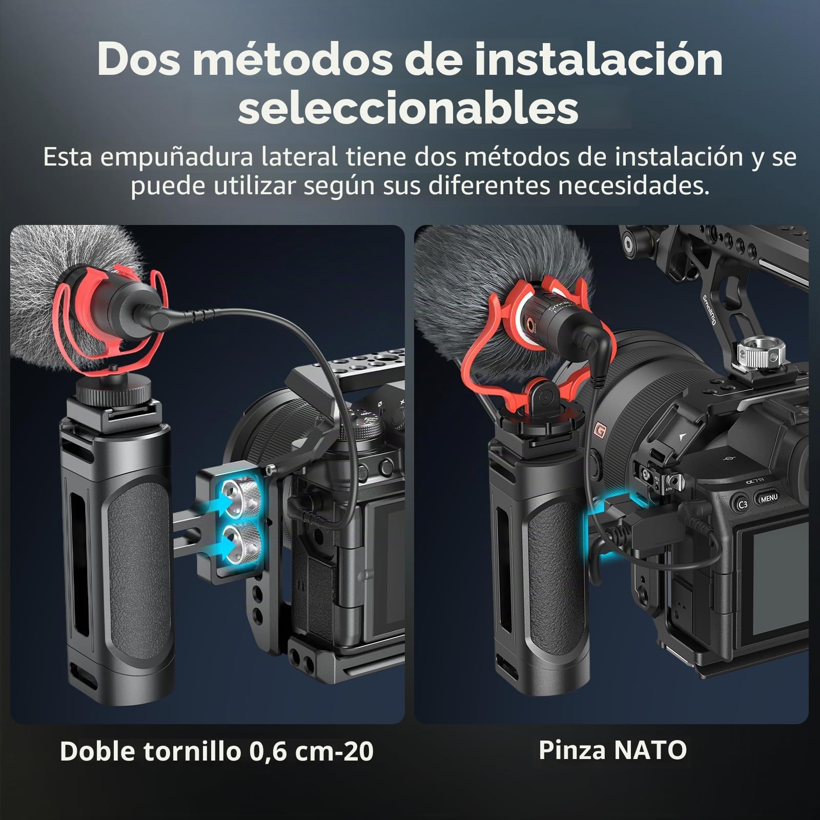 SMALLRIG Mini cámara lateral con OTAN y tornillos 1/4"-20, para manos izquierda y derecha, con agujeros de rosca y correas