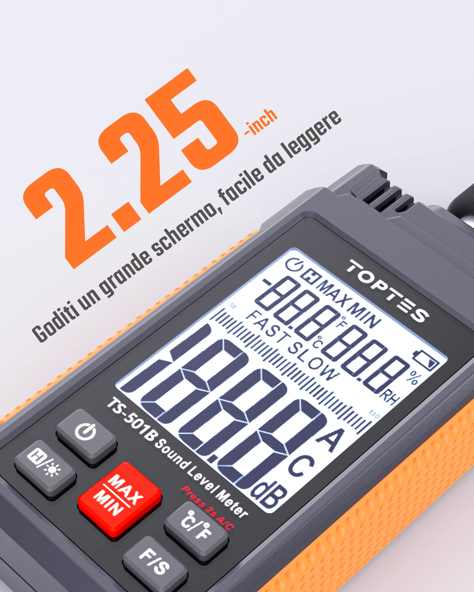 Fonometro, TopTes TS-501B Misuratore di decibel con schermo LCD retroilluminato da 2,25", ponderato A/C, intervallo 30-130 dB, valori MAX/MIN, uso domestico in fabbrica vicino al rumore - Arancione