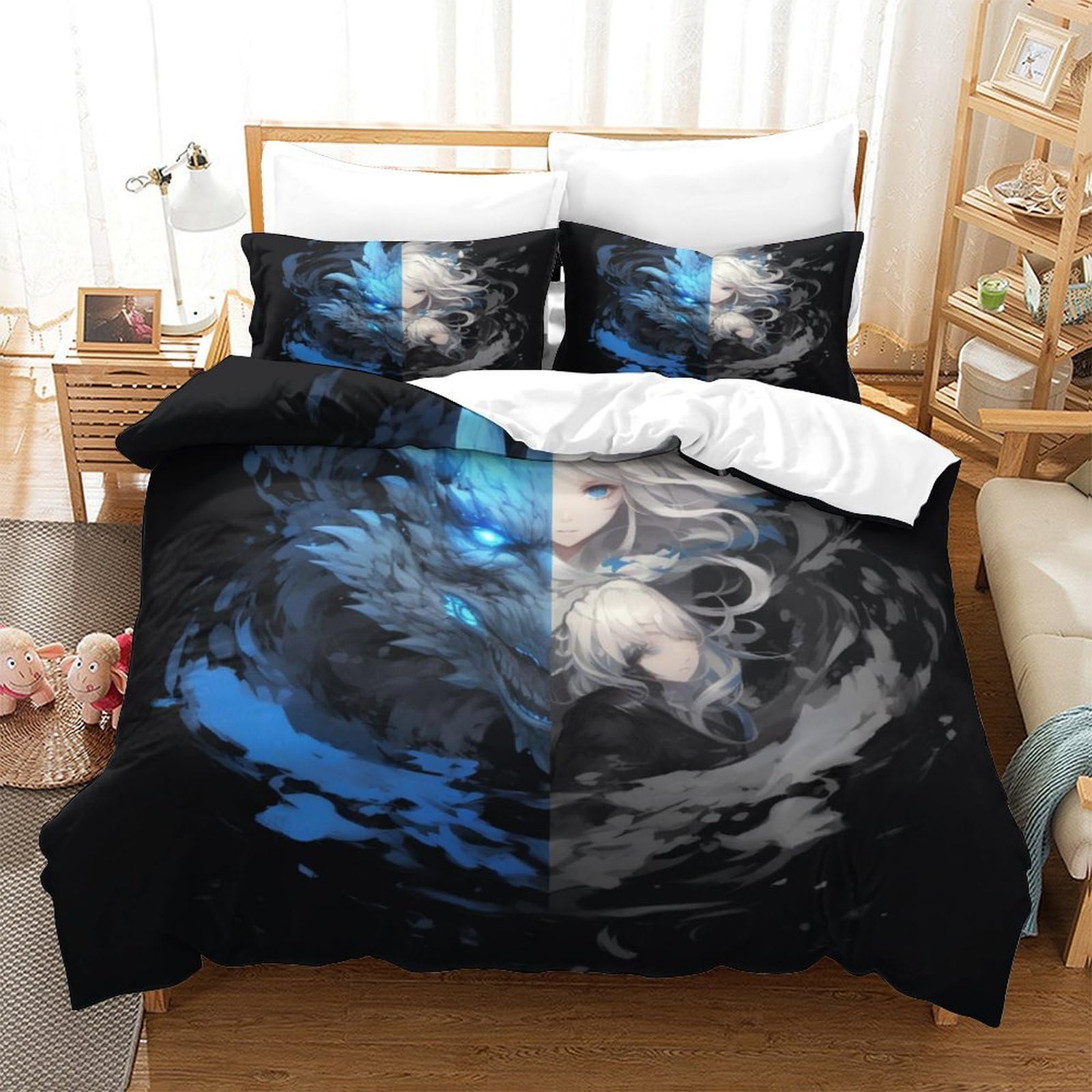 Parure de lit loup avec housse de couette 260x220 cm en microfibre pour lit super king