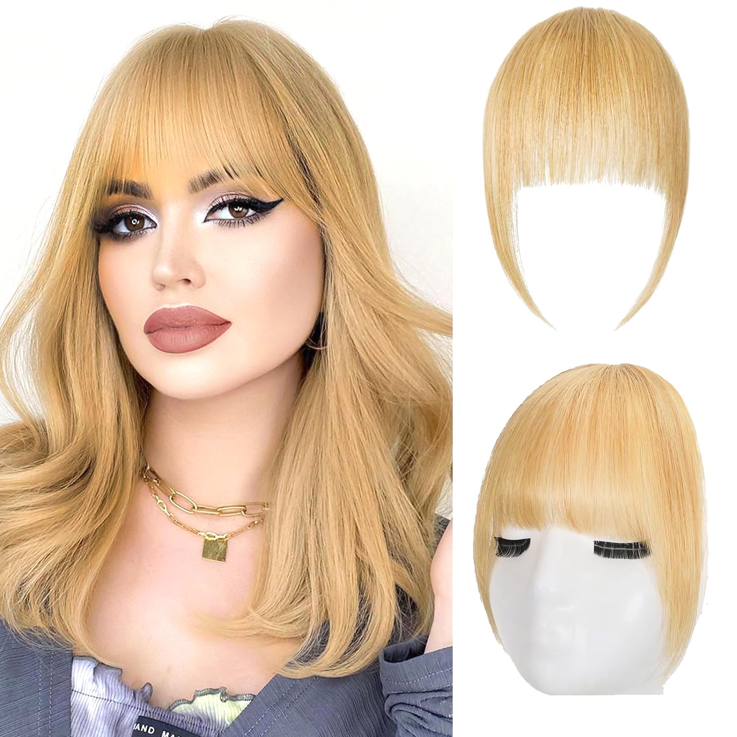 Bangs Hair Clip in Bangs Real Human Hair French Blonde Bangs Temples Hairpieces for Women Clip on Air Bangs Flat Neat Bangs Hair Extension for Daily