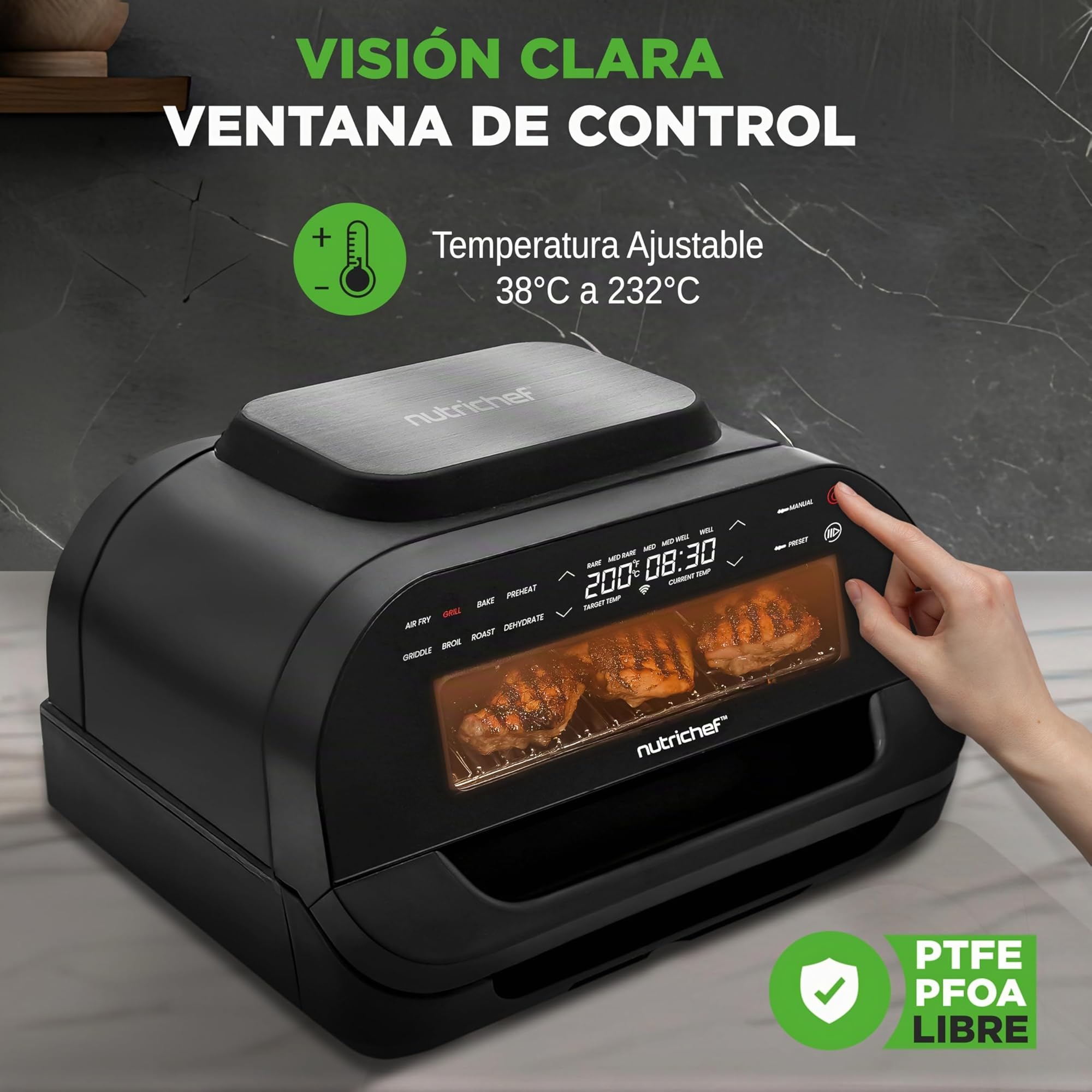 NutriChef Parrilla Electrica de Interior y Freidora de Aire 7 en 1 sin Humo, 6L, Termometro Integrado, Control de Temperatura, Placas Antiadherentes Desmontables