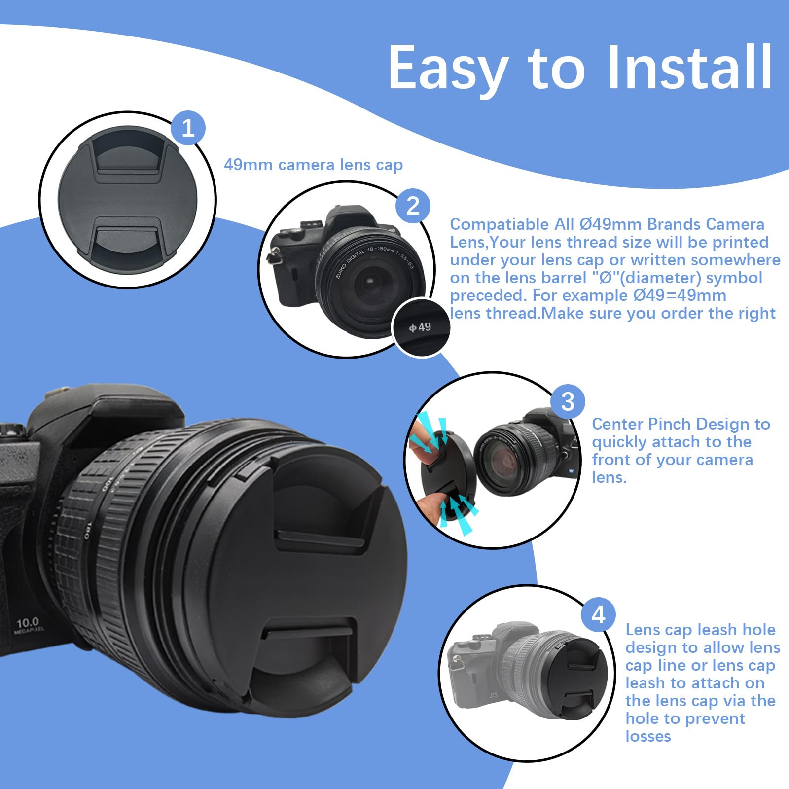 49 mm Accessori per obiettivi della fotocamera (2° generazione), copriobiettivo (regolabile su entrambi i lati), adatto per tutti gli obiettivi filettati da 49 mm con panno di pulizia (New 2nd