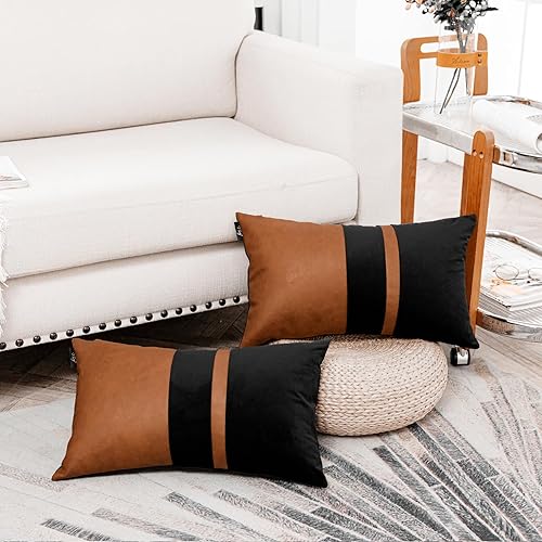 Miniatura 2 de Juego de 2 fundas de almohada decorativas de piel sintética y terciopelo, fundas de almohada modernas de granja para sala de estar, sofá, cama,