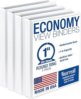 Samsill 1 Inch 3 Ring Binders, Economy Round Ring, Clear View Cover, 200 Sheet Capacity - for School, Home, Office - White, 4 Pack