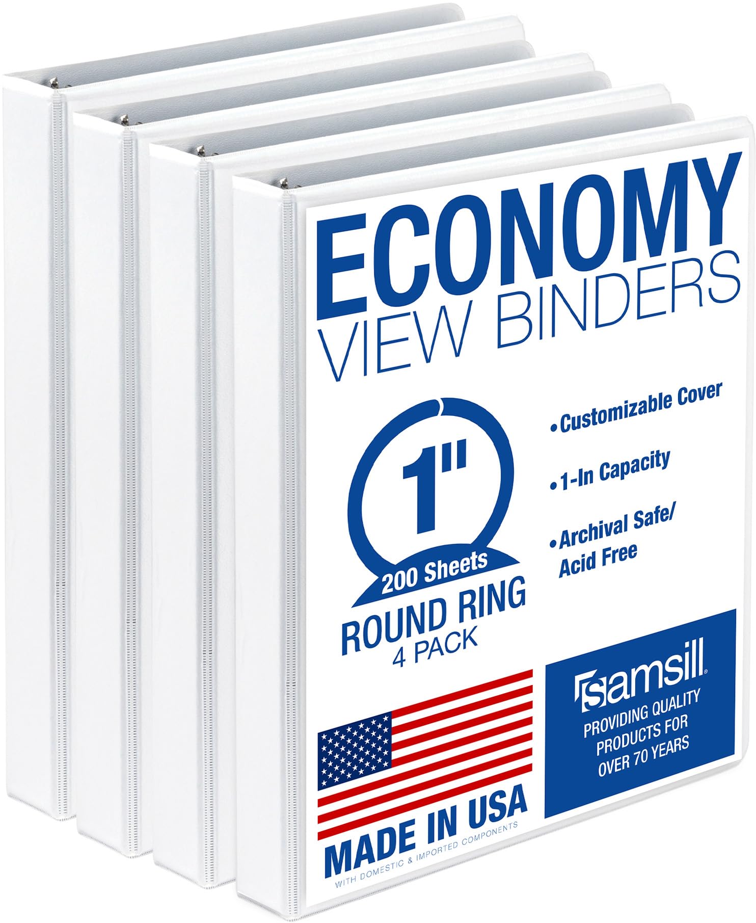 Samsill 1 Inch 3 Ring Binders, Economy Round Ring, Clear View Cover, 200 Sheet Capacity - for School, Home, Office - White, 4 Pack