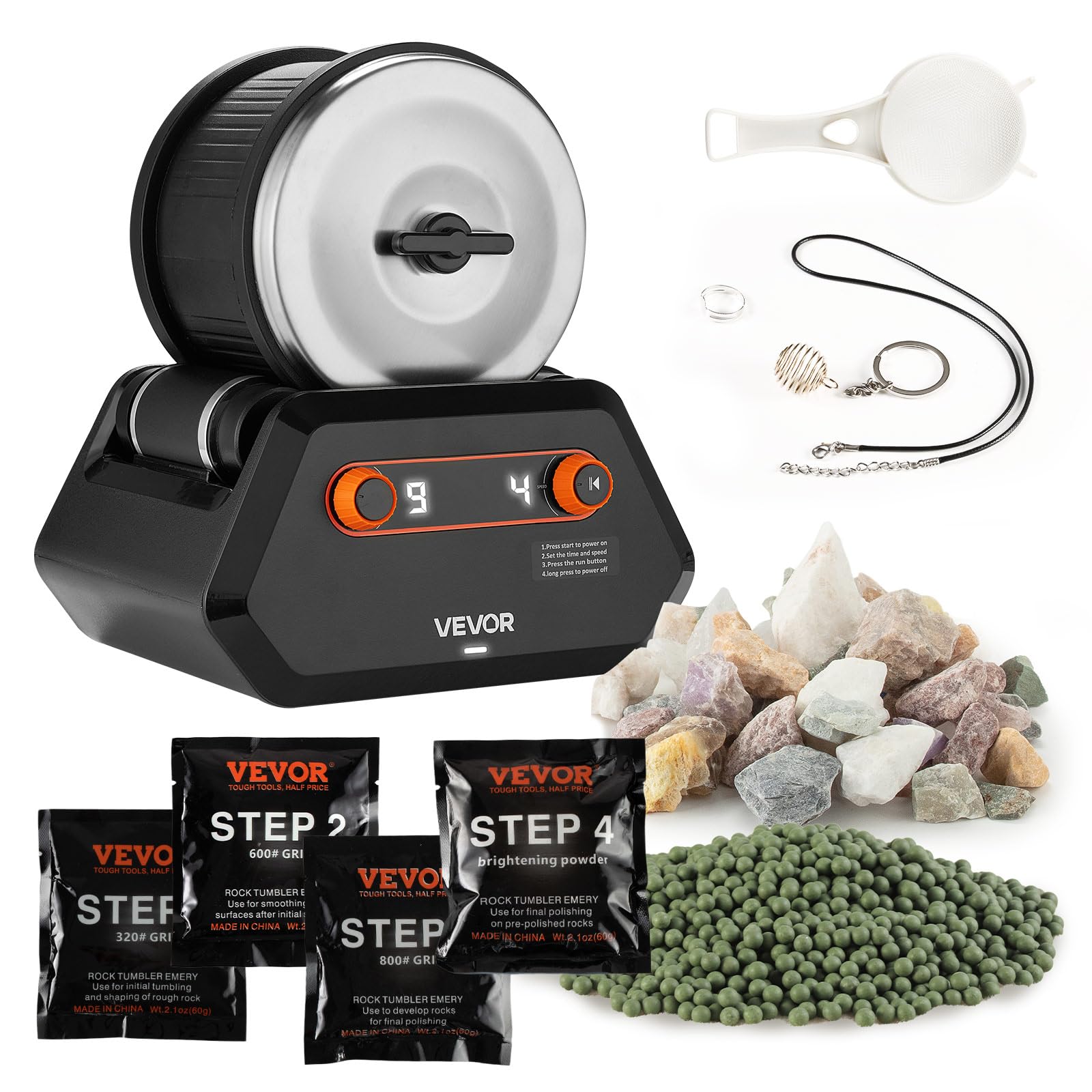 VEVOR Lucidatrice Elettrica per Rocce, Carico 1,​36 kg, 4 Livelli di Velocità, Set per Lucidatura con Pietre Preziose Grezze e Grani Lucidanti, Timer di Lucidatura e Pannello di Controllo, Nero