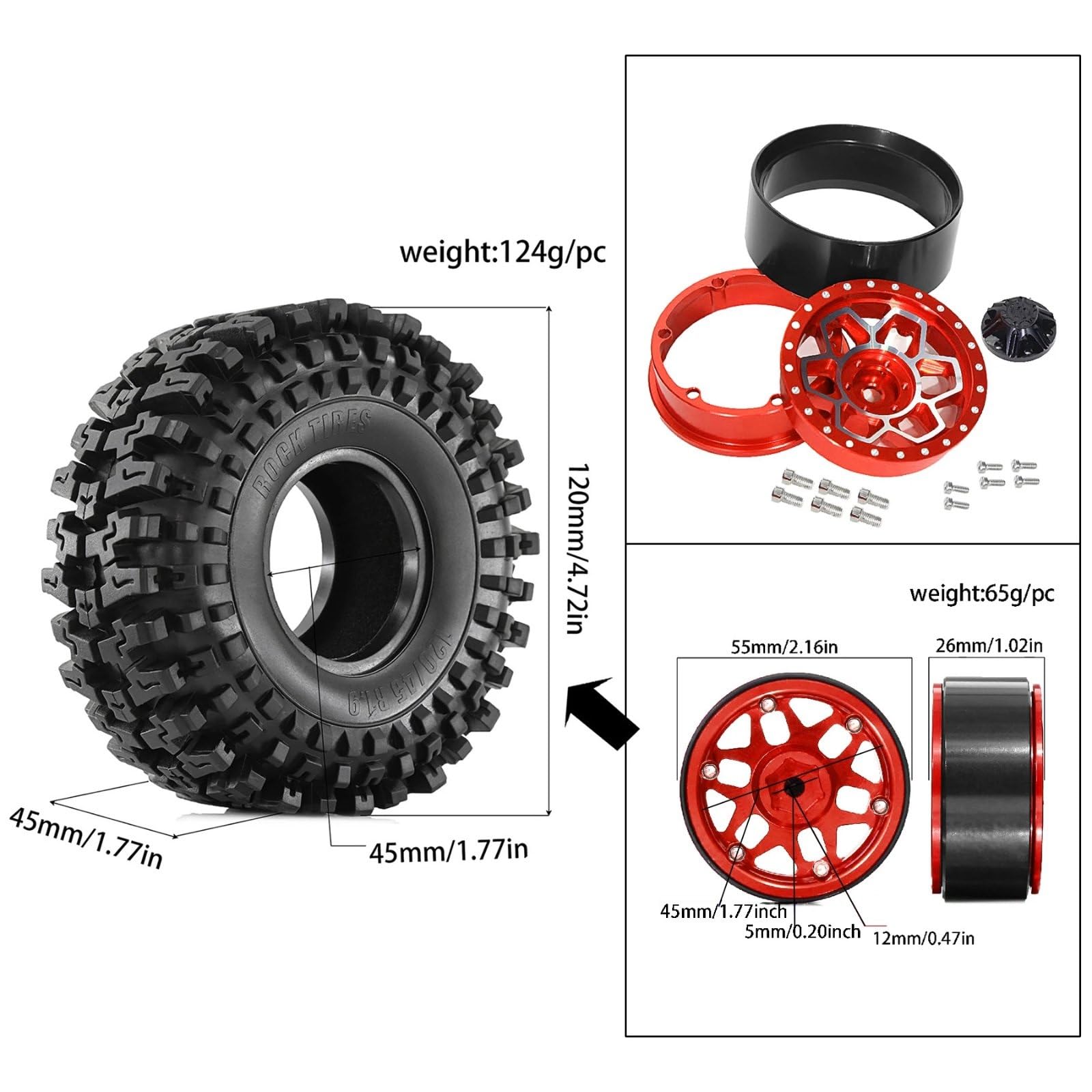 RC Pneumatici Ricambi Per Hsp Per Redcat Per Wraith 1/10 1.9 Pneumatici In Gomma E Cerchi In Metallo 12mm Hex RC Crawler Accessori Auto Aggiornamenti Sostituzione Riparazione(Red)