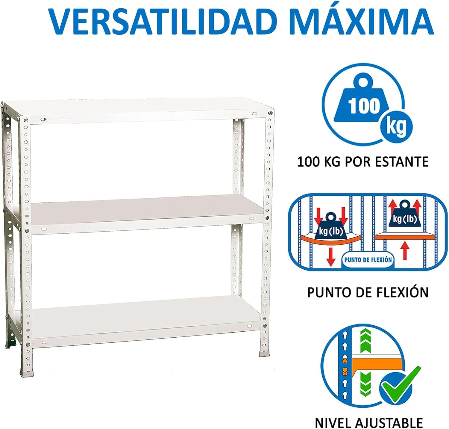 SimonRack Metal Shelf 3 Adjustable Shelves, 100 kg Flex Point, 1000 x 800 x 500 mm, with Screws, Shelving Storage, White - Comfort