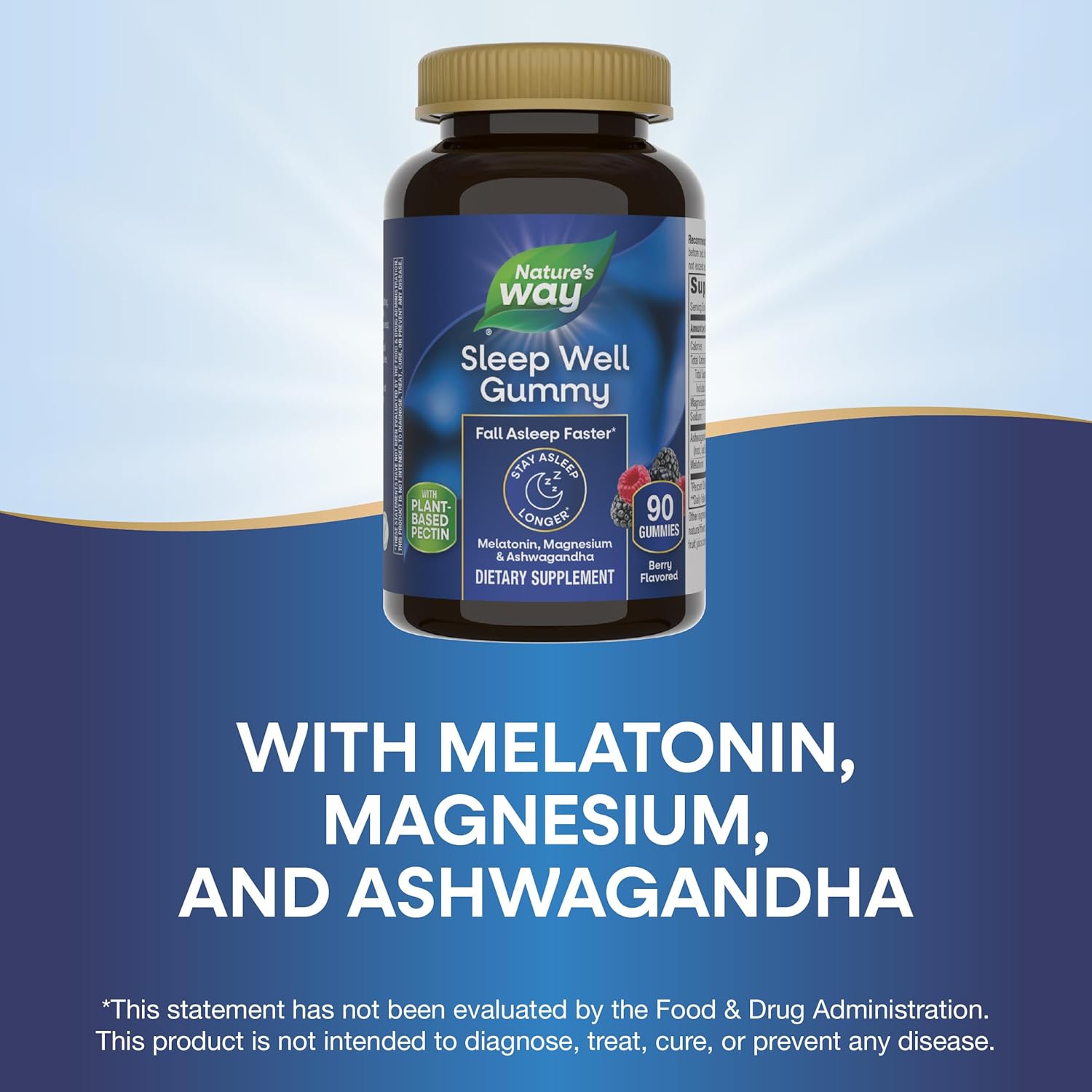 Nature's Way Sleep Well Melatonin and Magnesium Gummies,Sleep Support for Adults*,with Ashwagandha,Berry Flavored,90 Gummies,(Pack of 2)
