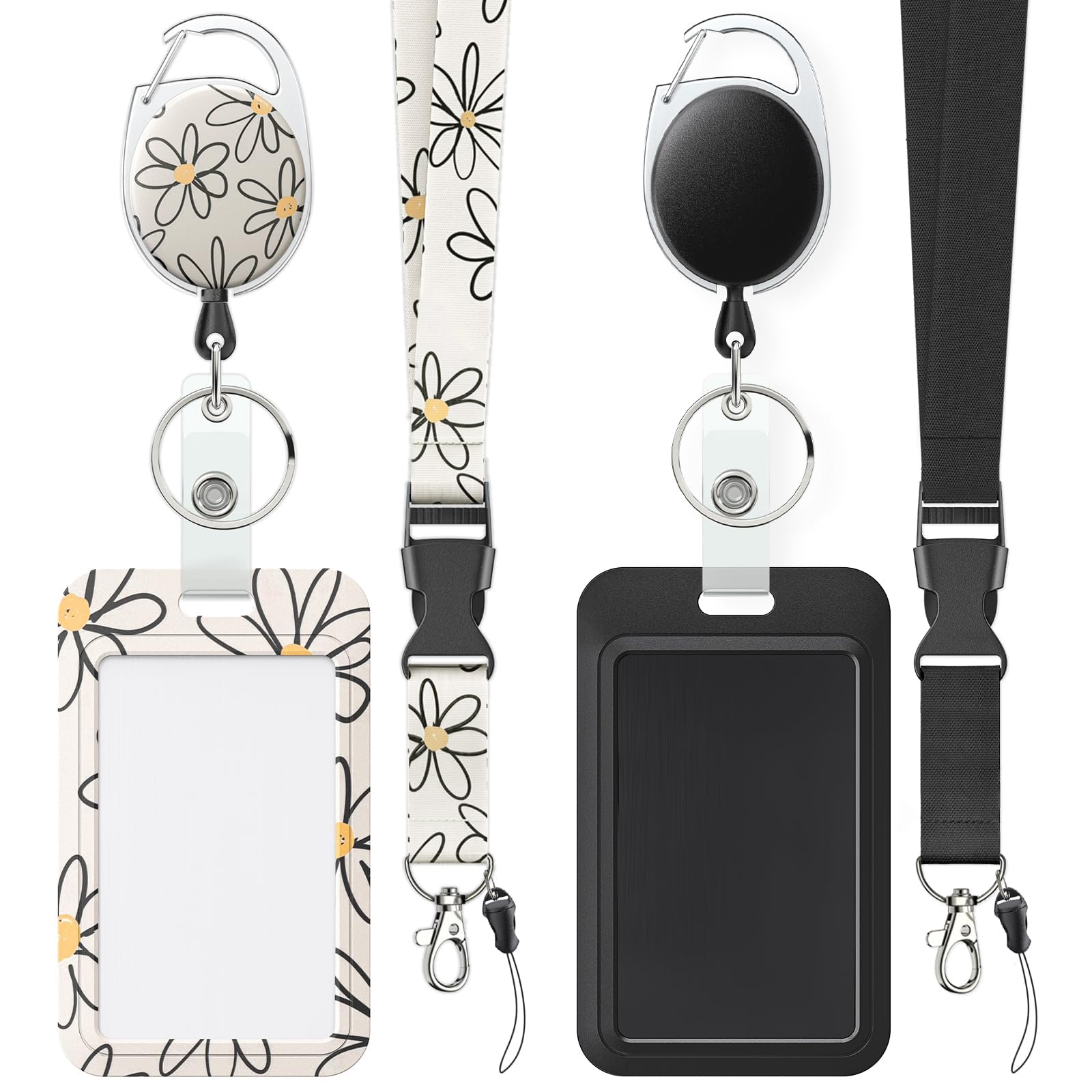 Uniclife 2 Pack Floral Sliding Badge Holder Flower Plastic Case with Retractable Badge Reel Carabiner Clip and Detachable Lanyard Strap Hard Vertical Card Protector for Women Nurse Teacher