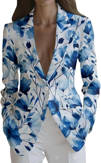 Womens Trendy Floral Printed Blazer Lightweight Long Sleeve Lapel Single Button Business Casual Daily Suit Jacket
