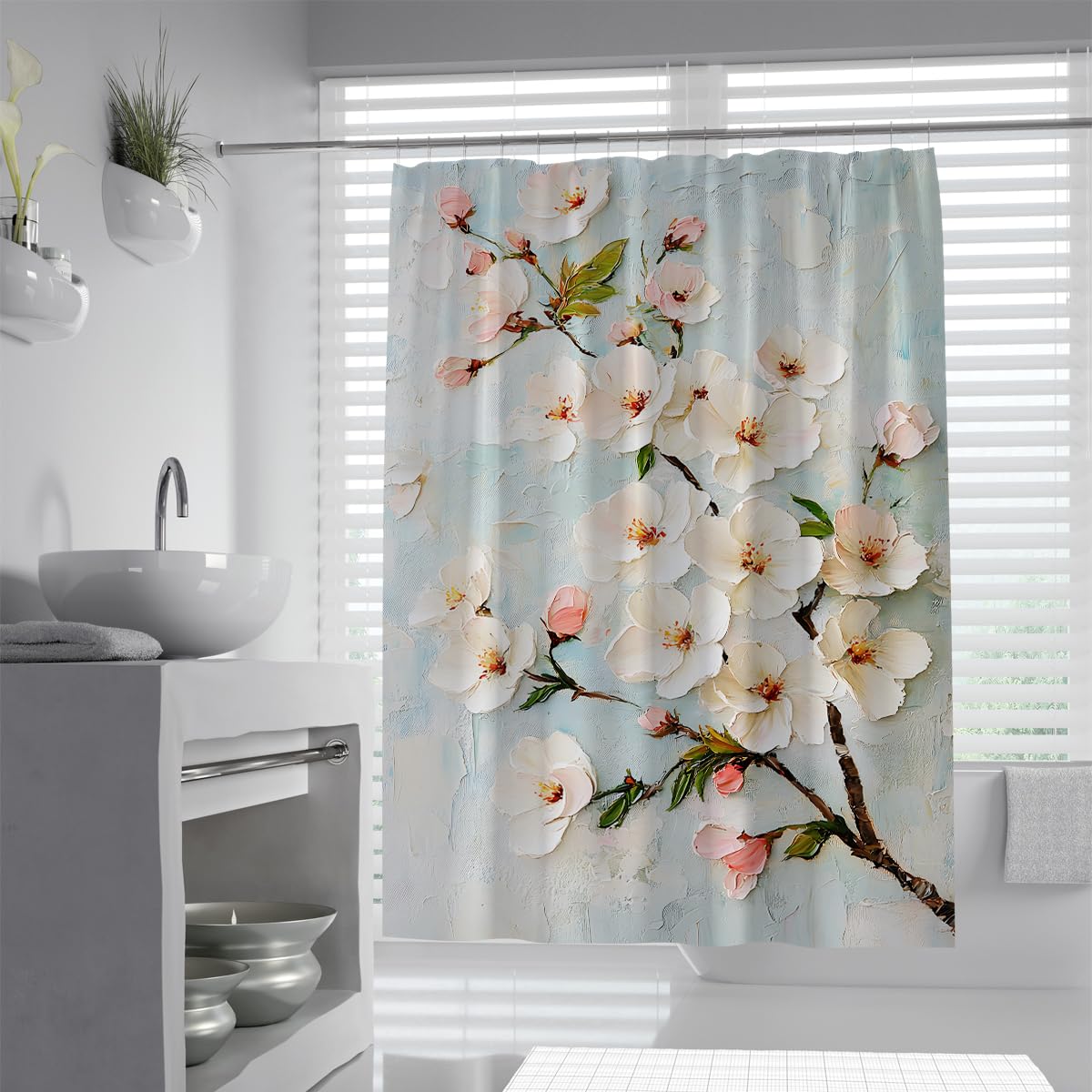 UIRINGART Artistic Relief Magnolia Shower Curtain W100xL180cm Pastel Cream White Floral Anti Mould Water Repellent Bathroom Curtain Walk In Shower With Hooks