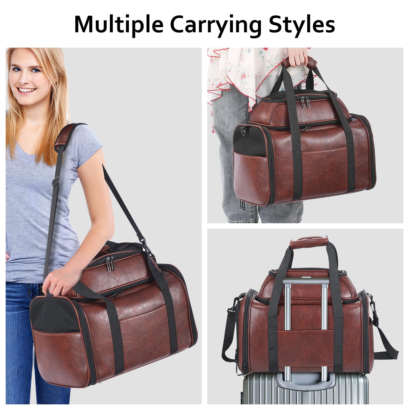 Premium Leather Top Expandable Pet Carrier for Small Dogs & Cats Under 15 lbs, Airline Approved Collapsible Soft-Sided Luxury Travel Bag Coffee - image 5