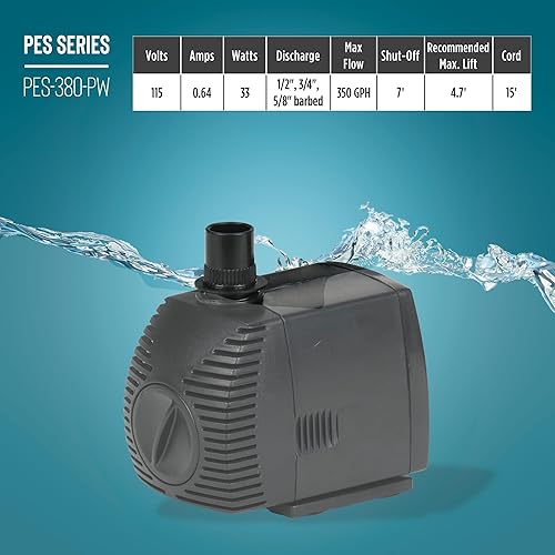 Miniatura 8 de Little Giant PES-380-PW Bomba de accionamiento magnético de 115 voltios, 380 GPH para fuentes y estanques pequeños con cable de 15 pies, color