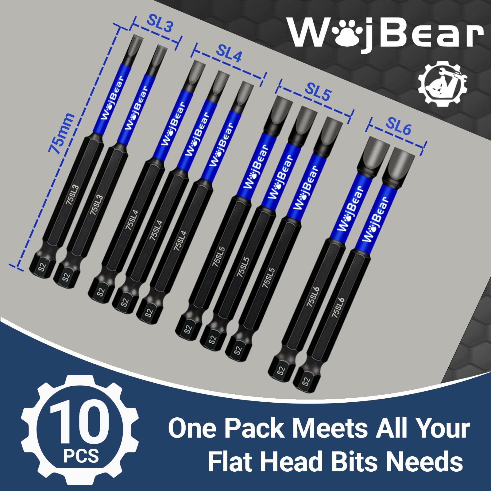 WojBear 10Pcs Magnetic Flat Head Impact Driver Bits, 75 mm Long Slotted Screwdriver Bits, SL3*2 SL4*4 SL5*4 SL6*2 - Image 2
