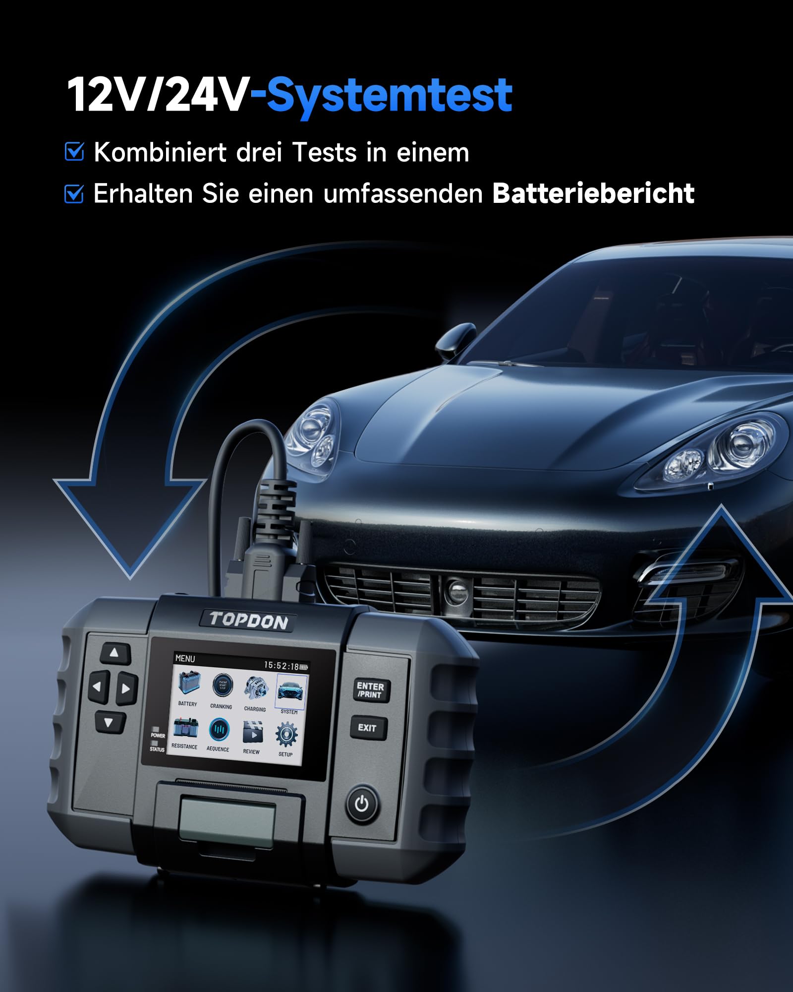 TOPDON Batterietester kfz BT600 Plus, Autobatterie Tester für 6V/12V/24V | 12V/24V Start-, Lade- und Systemtests, Widerstands- und Sequenztests, 3,5" Display mit integriertem Akku und Drucker