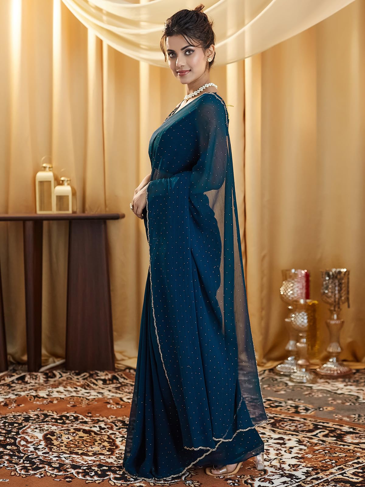 Satrani Women's Georgette Stone Work Saree With Unstitched Blouse Piece (4021S595N_Rama Blue)