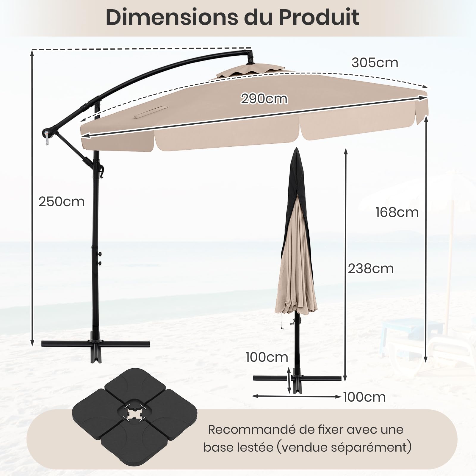 RELAX4LIFE Parasol Déporté Octogonal Φ305x250cm Parasol de Jardin (Beige)