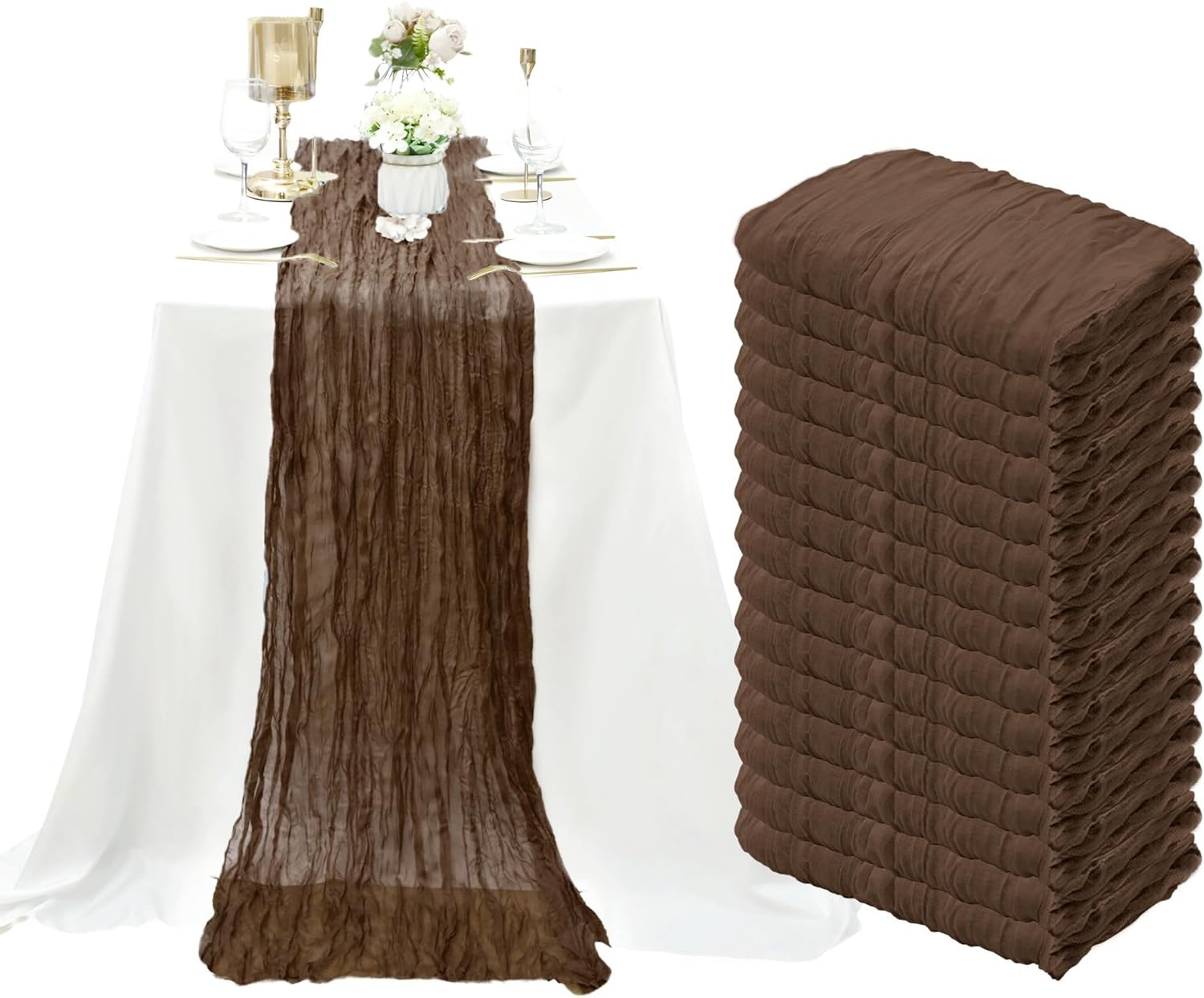 15 Pack Brown Cheesecloth Table Runner 10Ft Gauze Cheese Cloth Table Runner 35 x120Inch Boho Table Runners for Wedding Birthday Party Engagement Garden Baby Bridal Shower Anniversary Home Table Decor Brown 15 Pack-10 FT