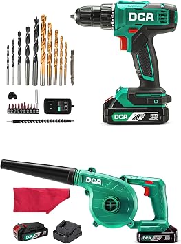 DCA 20V Cordless Power Drill 336 in-lbs Torque and Brushless Leaf Blower with 3 pcs 2.0Ah Battery
