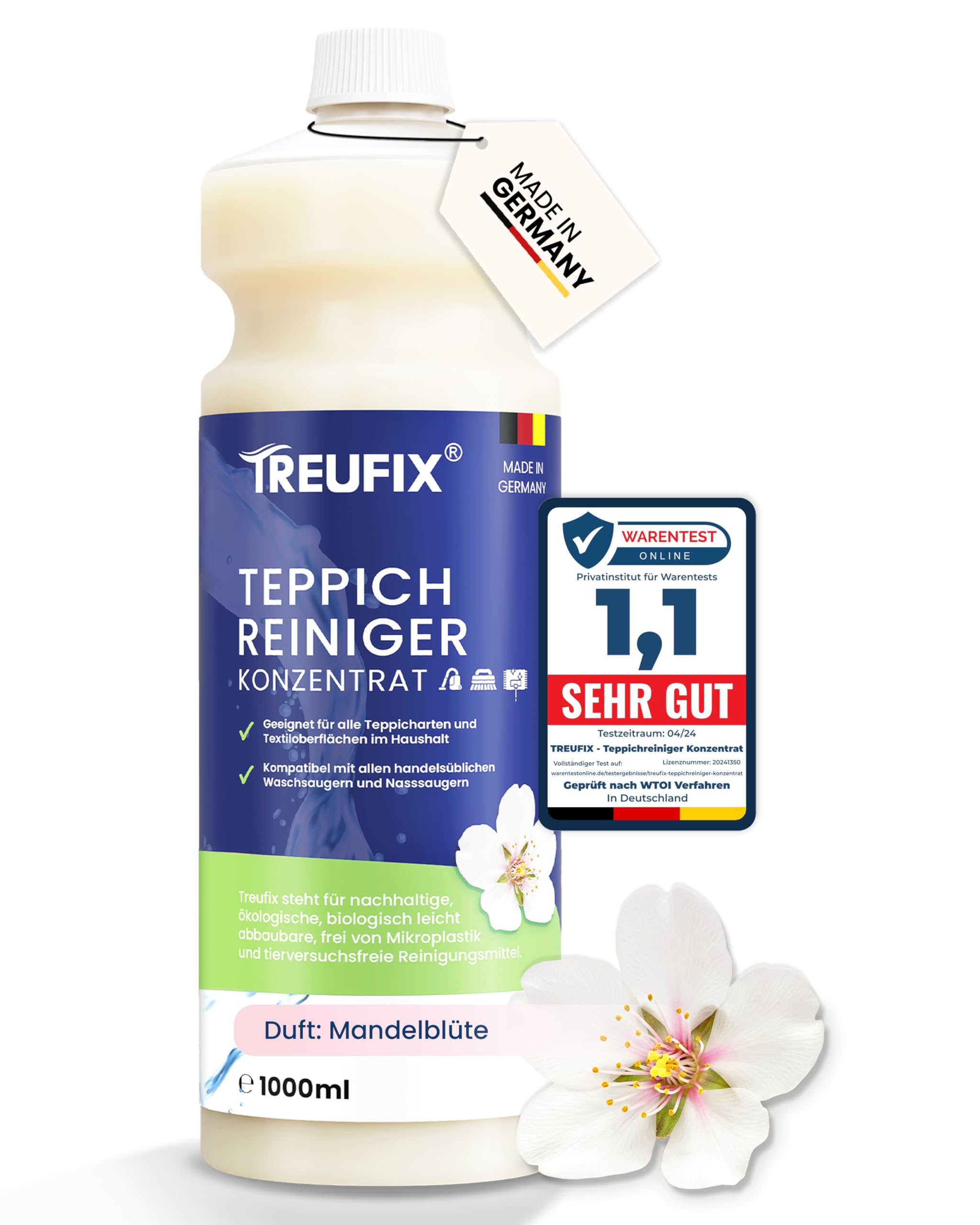 Treufix Teppichreiniger & Polsterreiniger Konzentrat für alle Teppichböden und Polster | Effektives Teppich Reinigungsmittel 1L | Geeignet für alle Waschsauger und Nasssauger - Mandelblüte