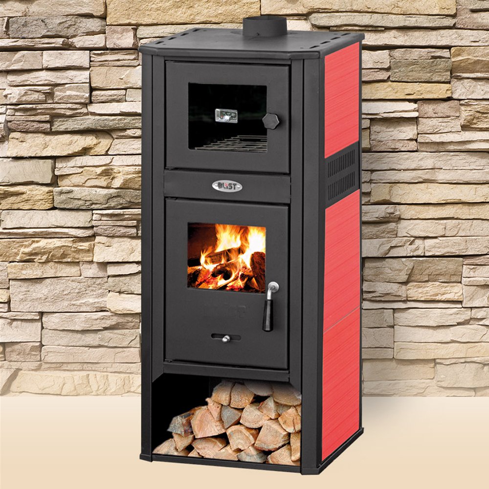 Stufa a legna 10kW con forno acciaio rossa riscaldamento casa AMBASADOR LM R