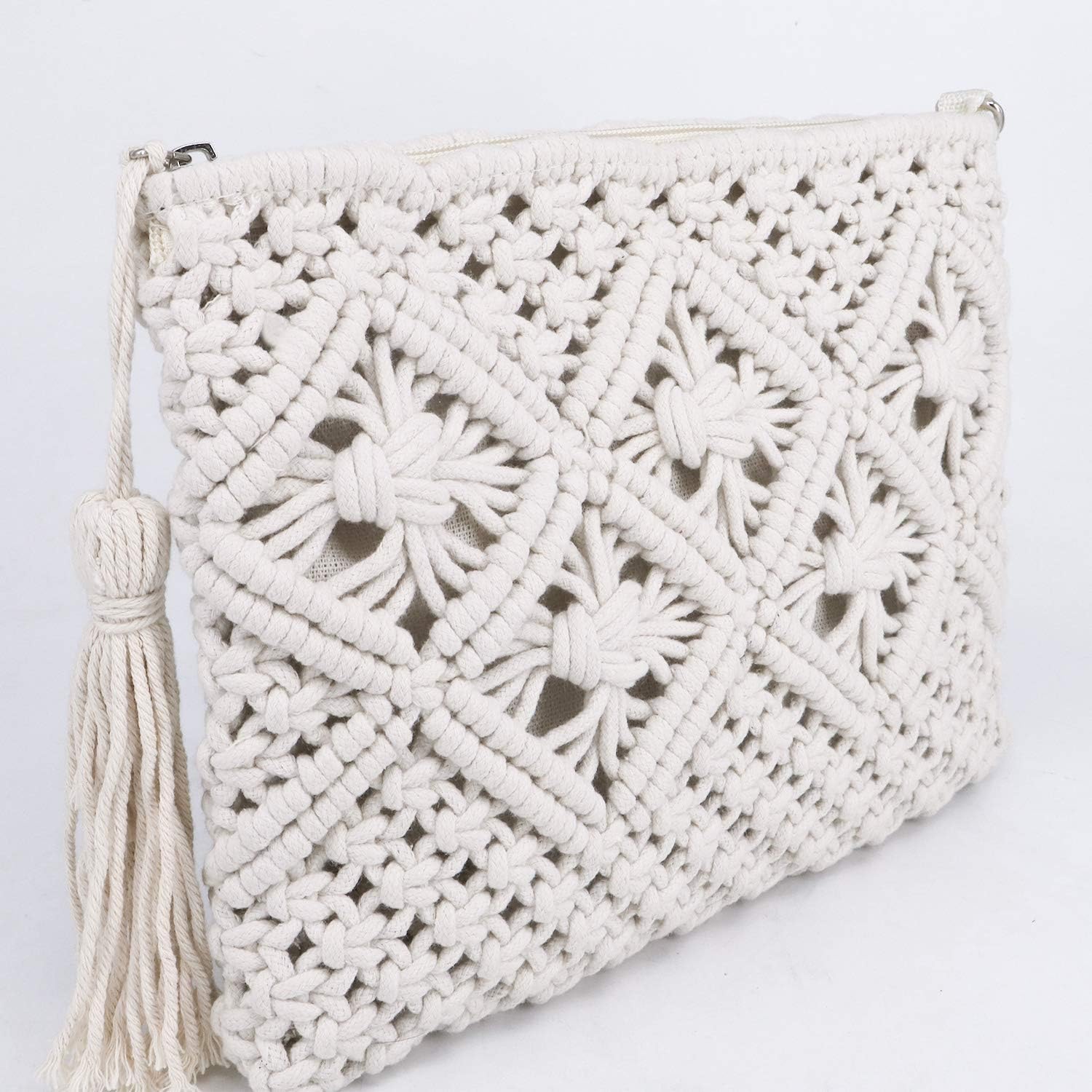 Women's Summer Beach Straw Crochet Clutch Bag Woven Envelope Tassel Bag with Zipper (White)
