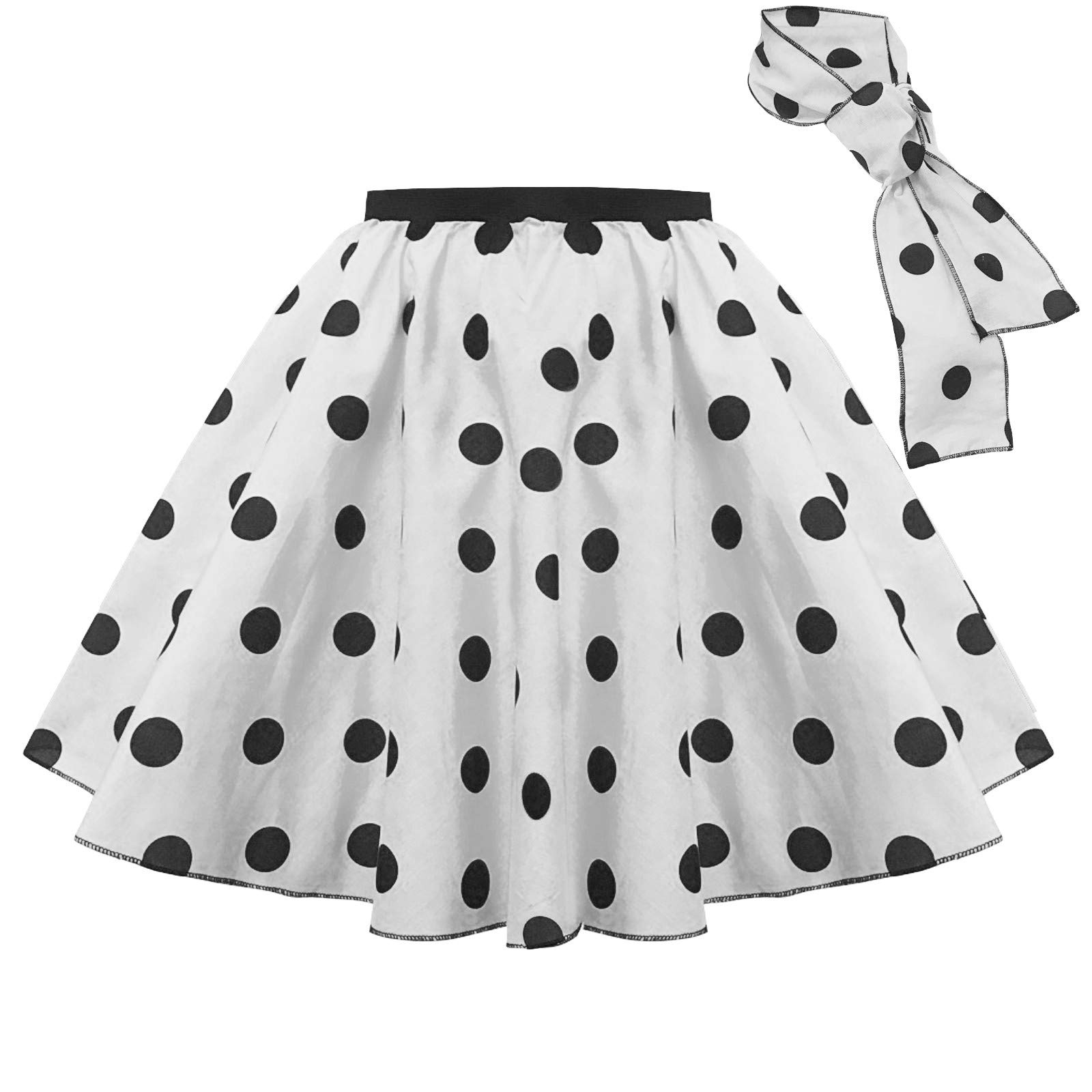 Mums Essentials White And Black Spot Adults Polka Dot Skirt Rock N Roll 50'S/ 60'S Style With Neck Tie 17 Different Colours 17' Length, 26 / Small