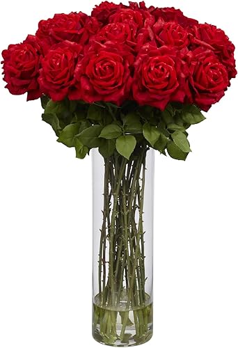 Nearly Natural 1214 Arreglo floral de seda rosa gigante, rojo, 35 x 12 x 12 pulgadas