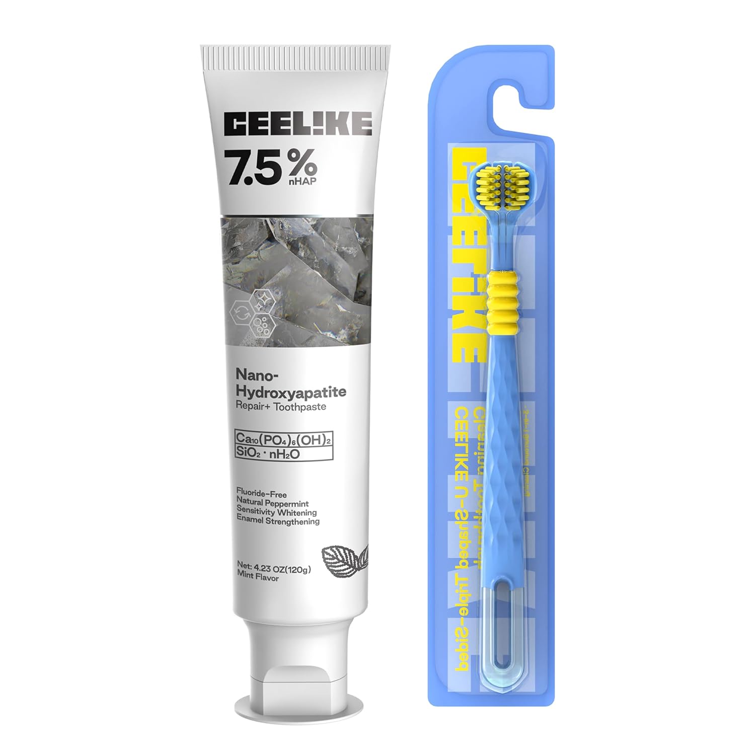 Kit de Cuidados Orais: Escova de Dentes 3 Lados U e Pasta Dental de Hidroxiapatita para Reparação do Esmalte e Fortalecimento Dental | Limpeza Oral Profunda