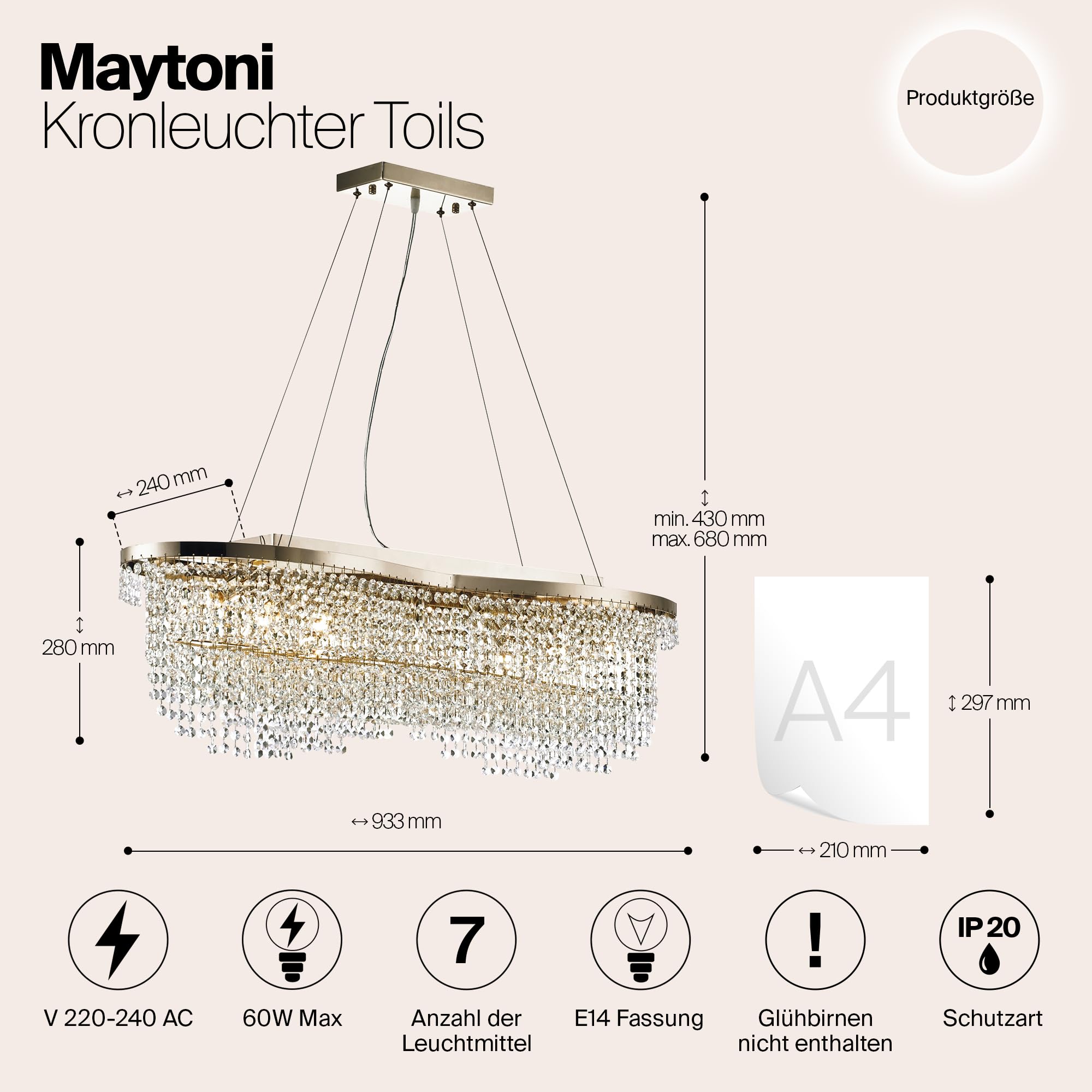 MAYTONI DECORATIVE LIGHTING Moderne Kronleuchter 7xE14 Metall Gold 60W