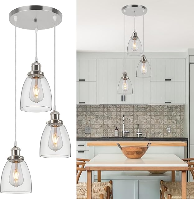 FORCOSO Industrial Glass Pendant Light, 3 Light Hanging Light Fittings with Clear Glass Shade, Adjustable Cord Ceiling Pendant Light for Loft Kitchen Dining Room Bedroom Living Room - E27(NO Bulbs)