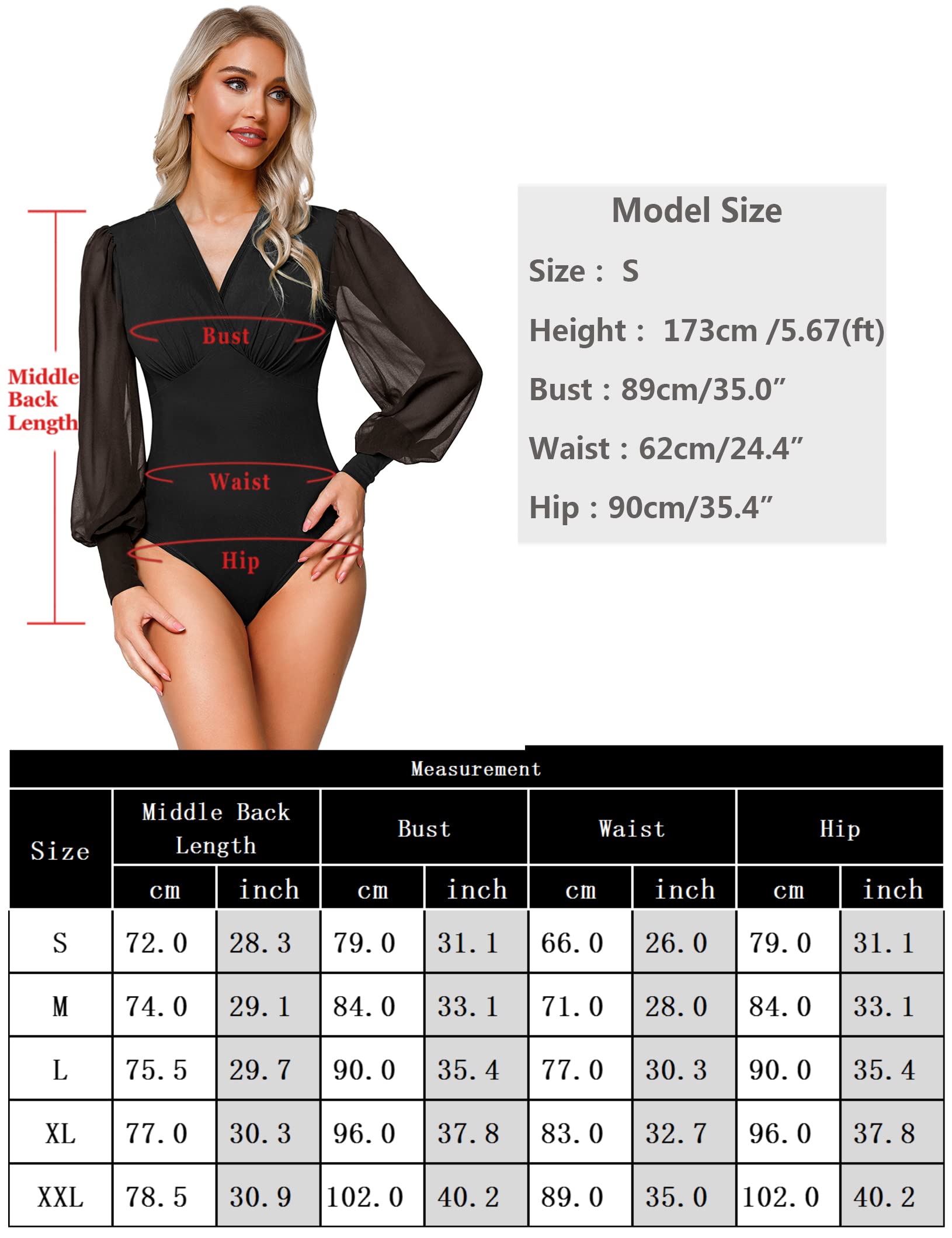 Litherday Body de manga larga para mujer con mangas abullonadas lencería sexy mono delgado y cuello en V elegante casual