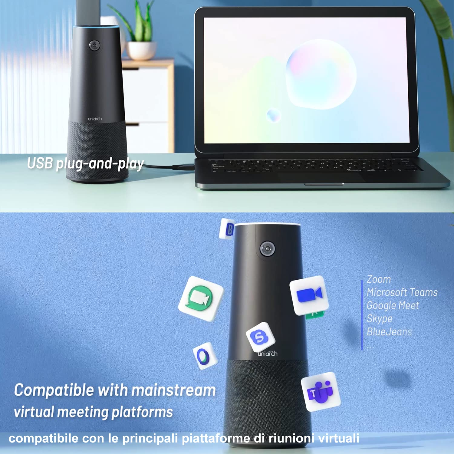 Webcam con Microfono e Altoparlante, All-in-one Webcam Full HD 1080P con ultra grandangolare 110 gradi, Microfoni con riduzione del rumore, Streaming USB plug&play per Zoom PC/Desktop, Nero