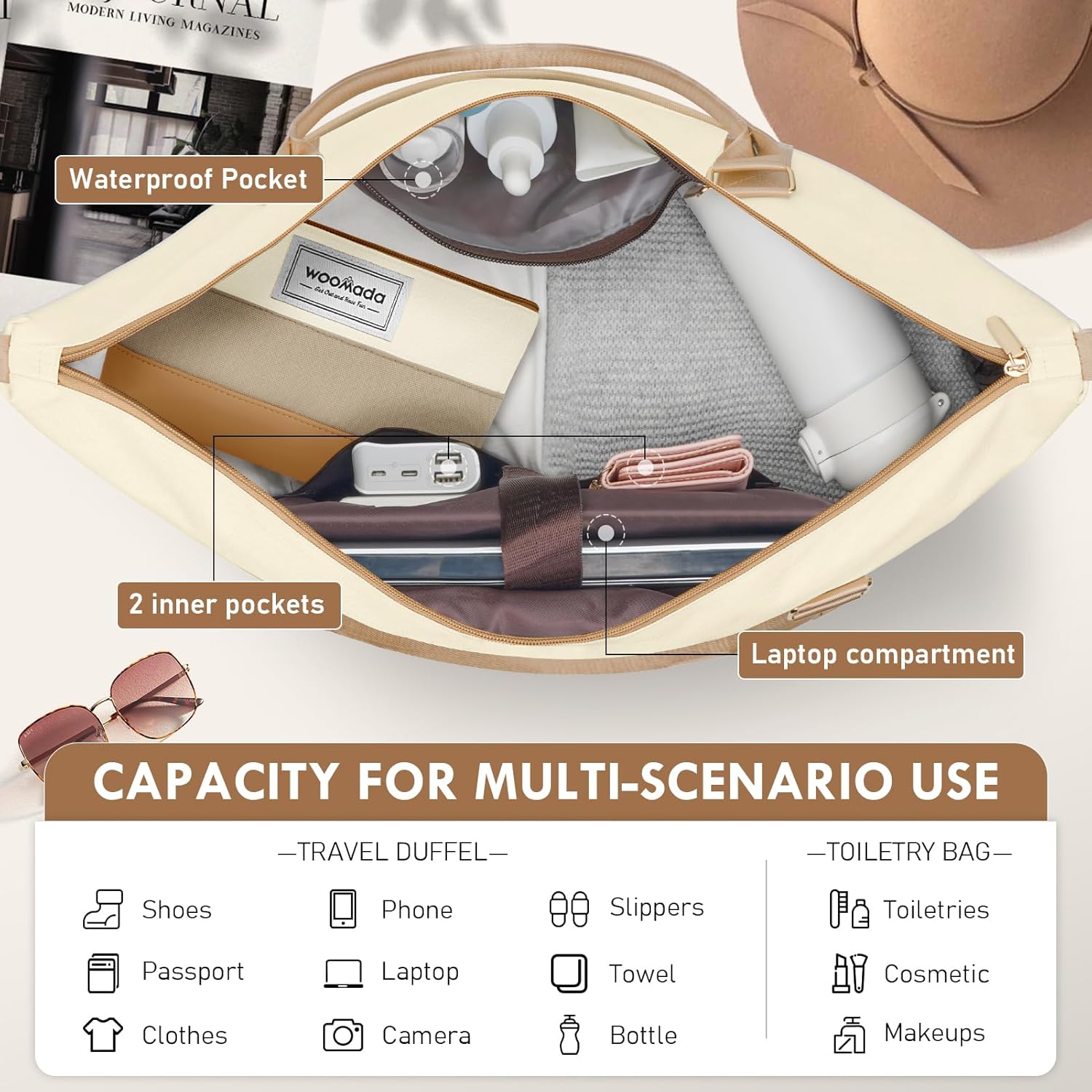 WOOMADA ウィークエンダーバッグ 女性用 キャリーオンオーバーナイトバッグ トイレタリーバッグ付き 旅行/スポーツ/病院用パー