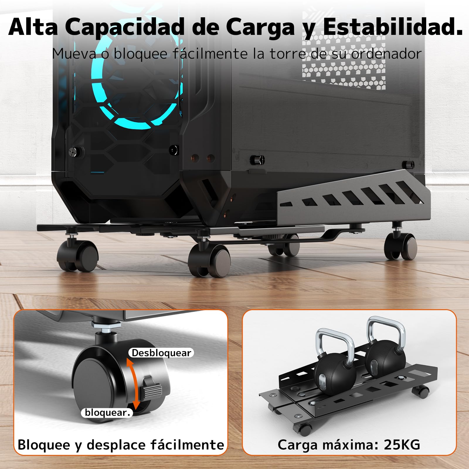 PUTORSEN Soporte para PC con Ruedas, Soporte para Torre de PC, Soporte móvil para CPU, Soporte Universal para CPU con Ancho y Largo Ajustables - Negro
