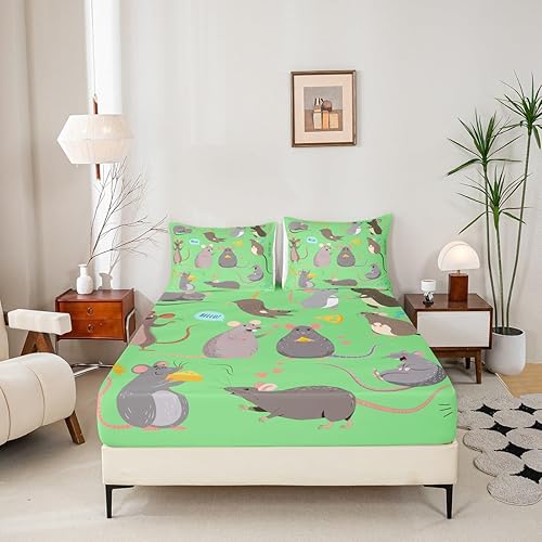 Miniatura 4 de Erosebridal Sábana bajera ajustable de rata, juego de ropa de cama Kawaii de roedores tamaño Queen para niños, niñas y mujeres, sábana bajera